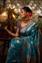 Jyoti Fashion Women's Firozi Soft Banarasi Silk Zari Woven Traditional Saree with Blouse | Grocsy