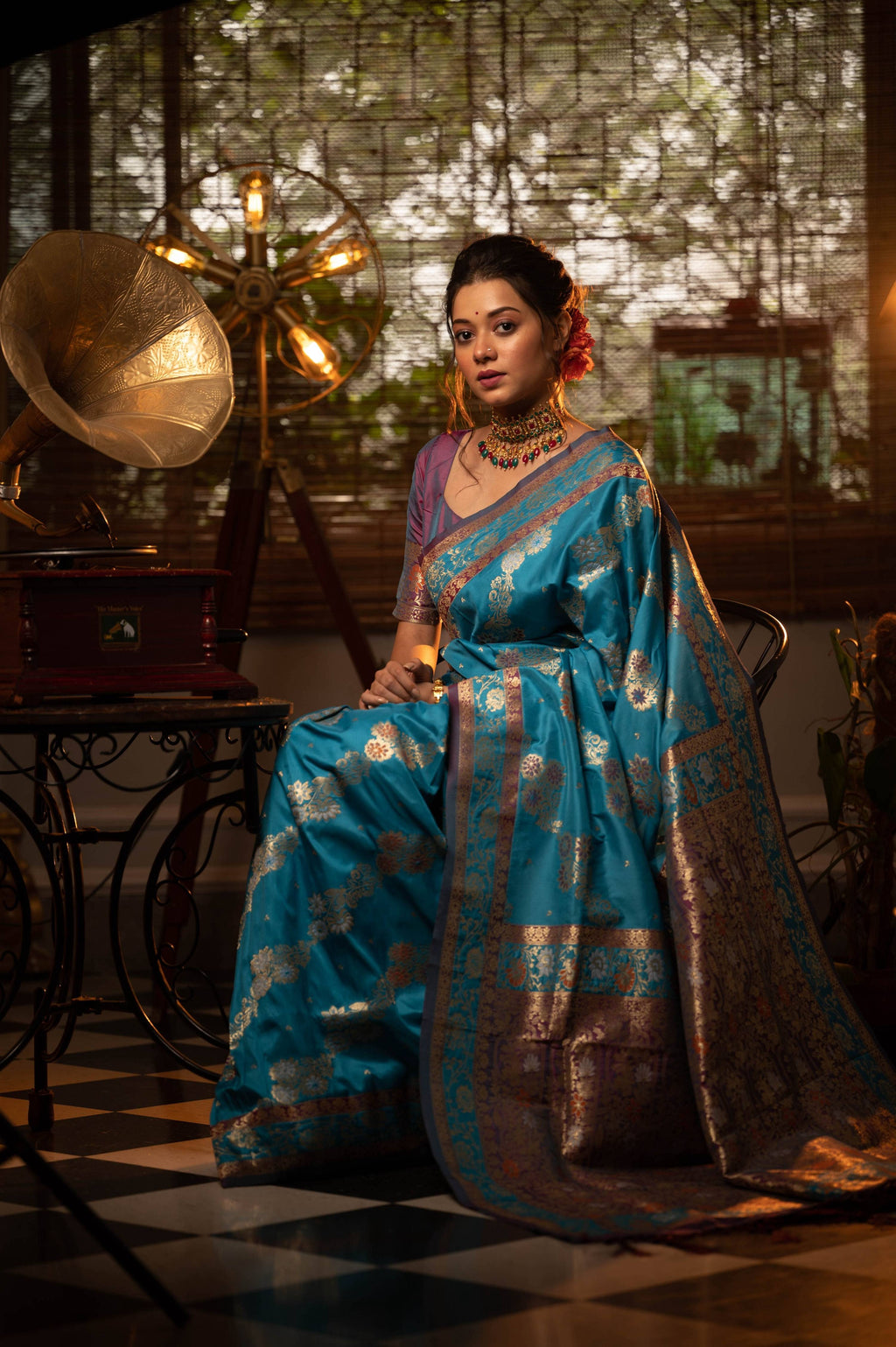 Jyoti Fashion Women's Firozi Soft Banarasi Silk Zari Woven Traditional Saree with Blouse | Grocsy