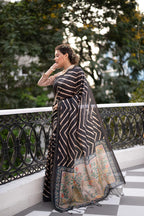 Jyoti Fashion Women's Black Tussar Silk Leheriya Print with Zari Border Saree with Blouse | Grocsy