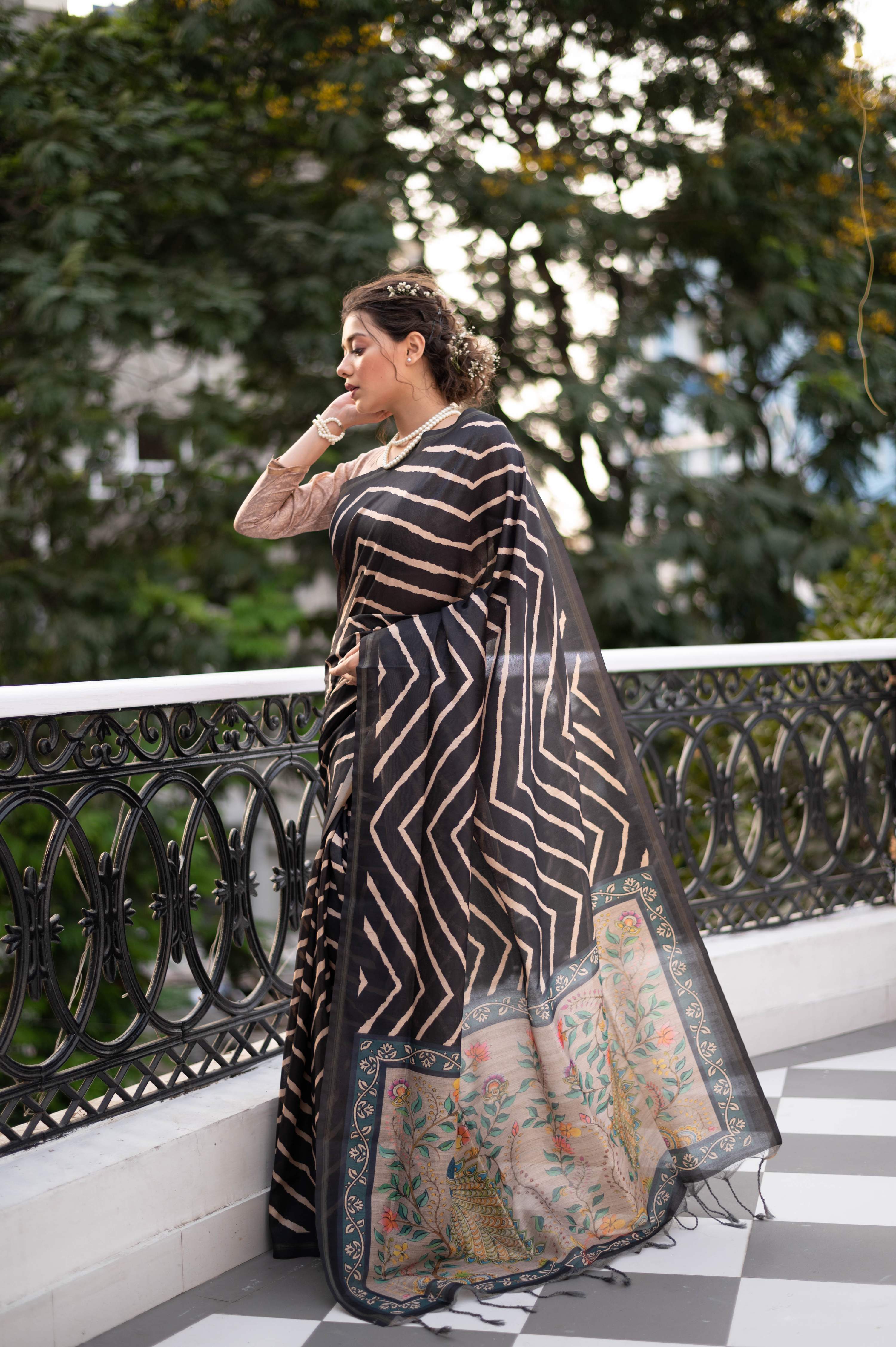 Jyoti Fashion Women's Black Tussar Silk Leheriya Print with Zari Border Saree with Blouse | Grocsy