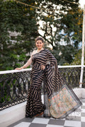 Jyoti Fashion Women's Black Tussar Silk Leheriya Print with Zari Border Saree with Blouse | Grocsy