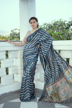 Jyoti Fashion Women's Blue Tussar Silk Leheriya Print with Zari Border Saree with Blouse | Grocsy