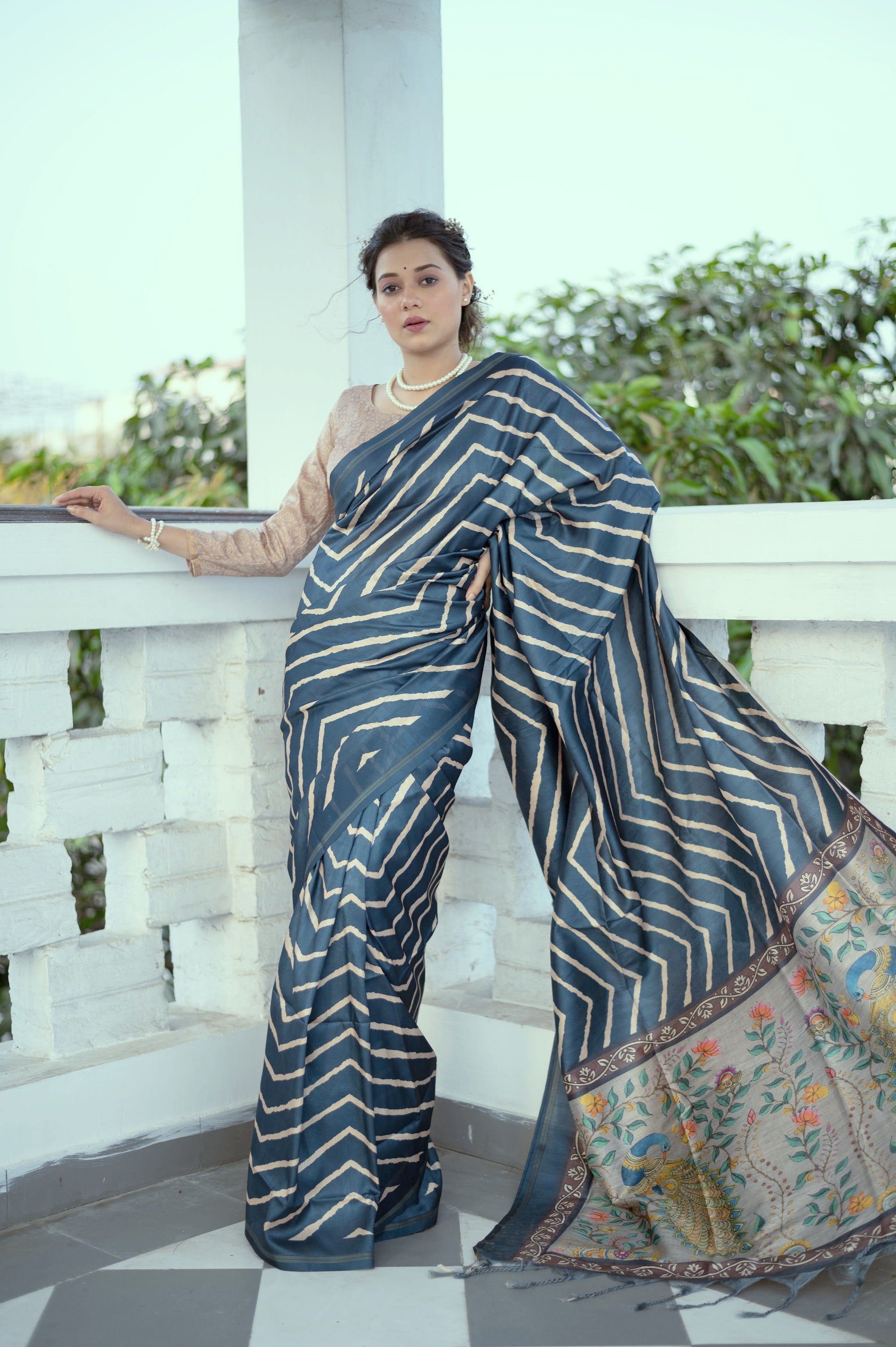 Jyoti Fashion Women's Blue Tussar Silk Leheriya Print with Zari Border Saree with Blouse | Grocsy