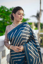 Jyoti Fashion Women's Blue Tussar Silk Leheriya Print with Zari Border Saree with Blouse | Grocsy