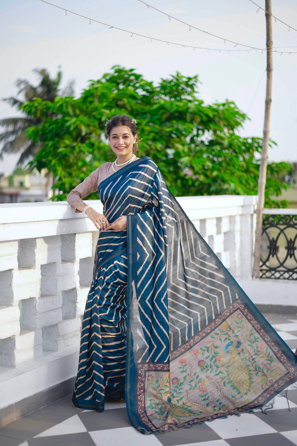 Jyoti Fashion Women's Blue Tussar Silk Leheriya Print with Zari Border Saree with Blouse | Grocsy