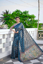 Jyoti Fashion Women's Blue Tussar Silk Leheriya Print with Zari Border Saree with Blouse | Grocsy