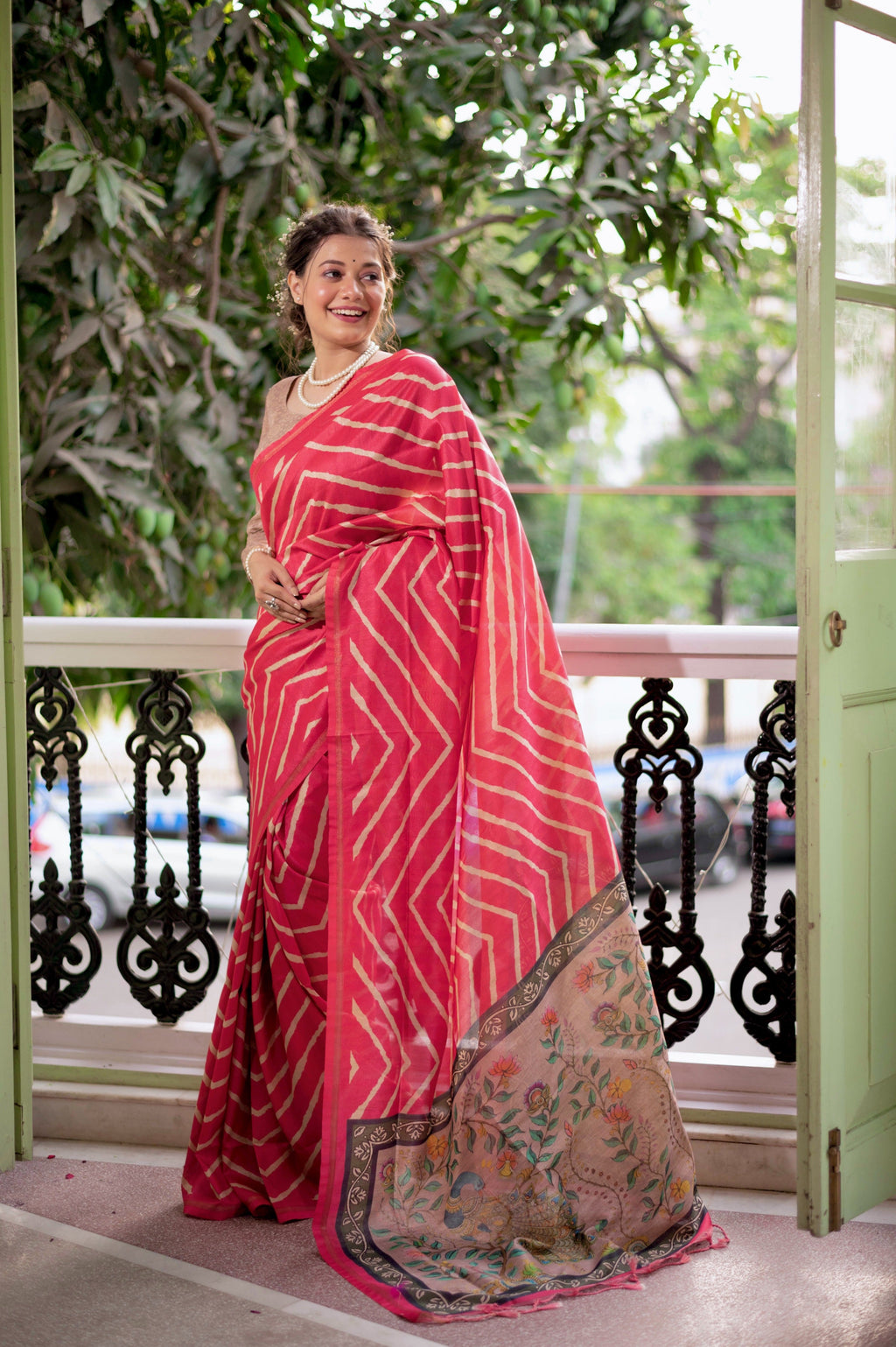 Jyoti Fashion Women's Gajri Tussar Silk Leheriya Print with Zari Border Saree with Blouse | Grocsy