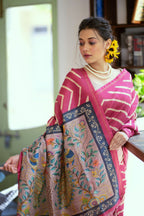 Jyoti Fashion Women's Pink Tussar Silk Leheriya Print with Zari Border Saree with Blouse | Grocsy