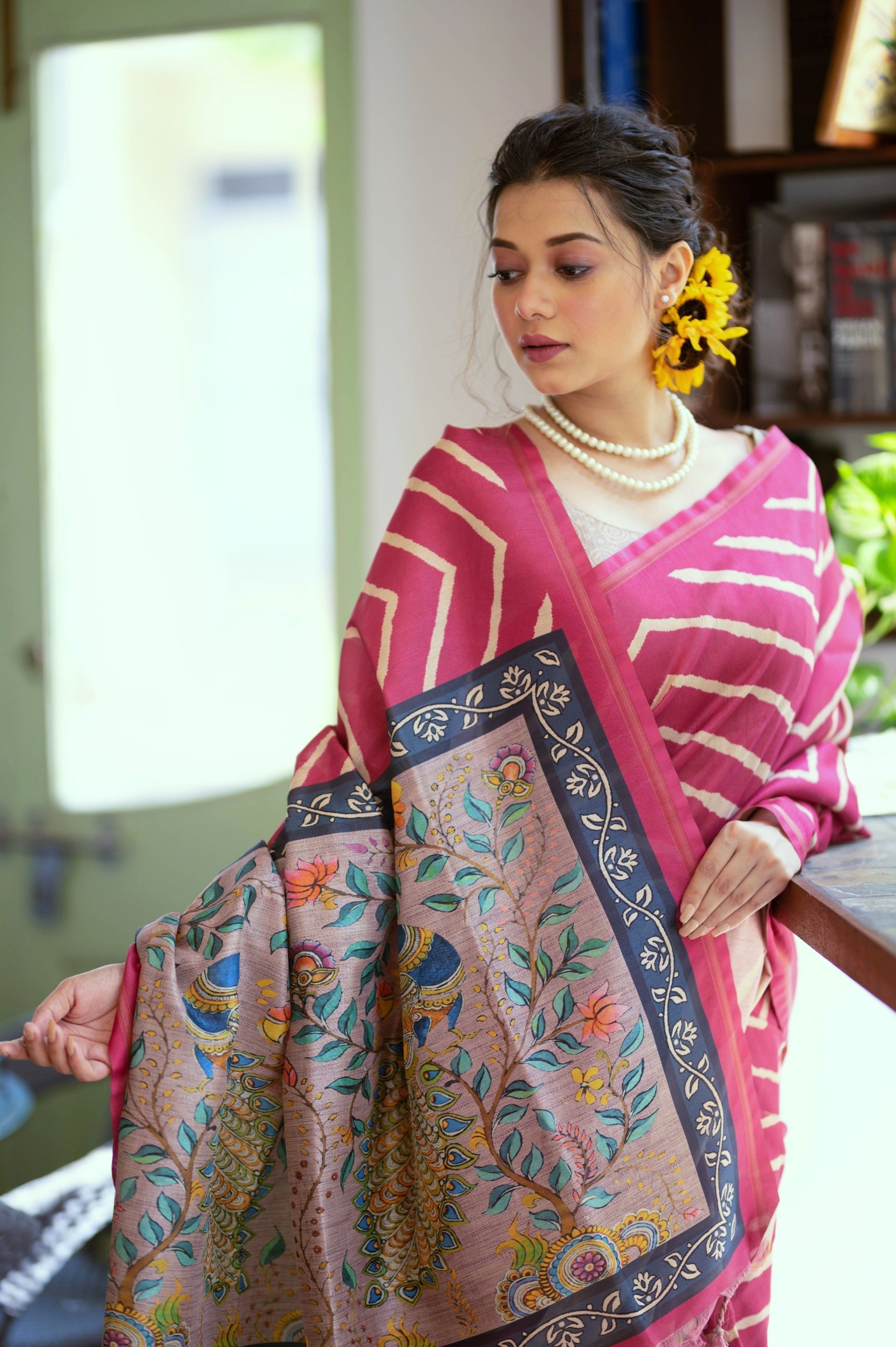 Jyoti Fashion Women's Pink Tussar Silk Leheriya Print with Zari Border Saree with Blouse | Grocsy