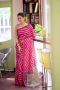 Jyoti Fashion Women's Pink Tussar Silk Leheriya Print with Zari Border Saree with Blouse | Grocsy