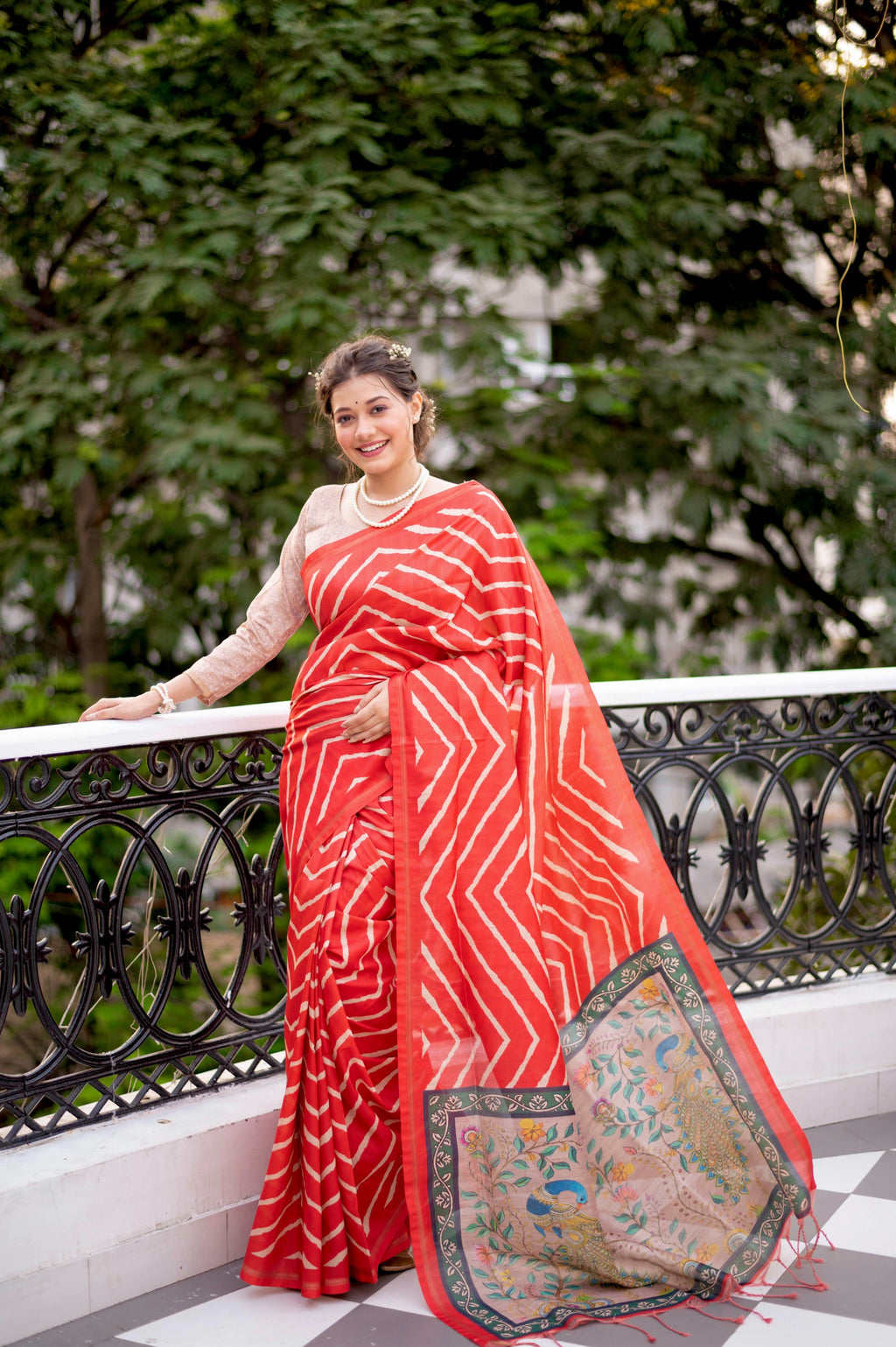Jyoti Fashion Women's Red Tussar Silk Leheriya Print with Zari Border Saree with Blouse | Grocsy