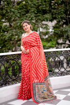 Jyoti Fashion Women's Red Tussar Silk Leheriya Print with Zari Border Saree with Blouse | Grocsy