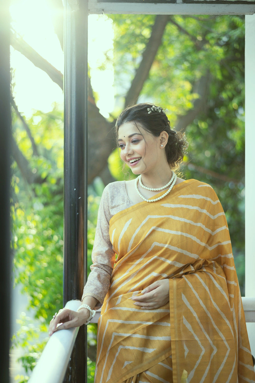 Jyoti Fashion Women's Yellow Tussar Silk Leheriya Print with Zari Border Saree with Blouse | Grocsy