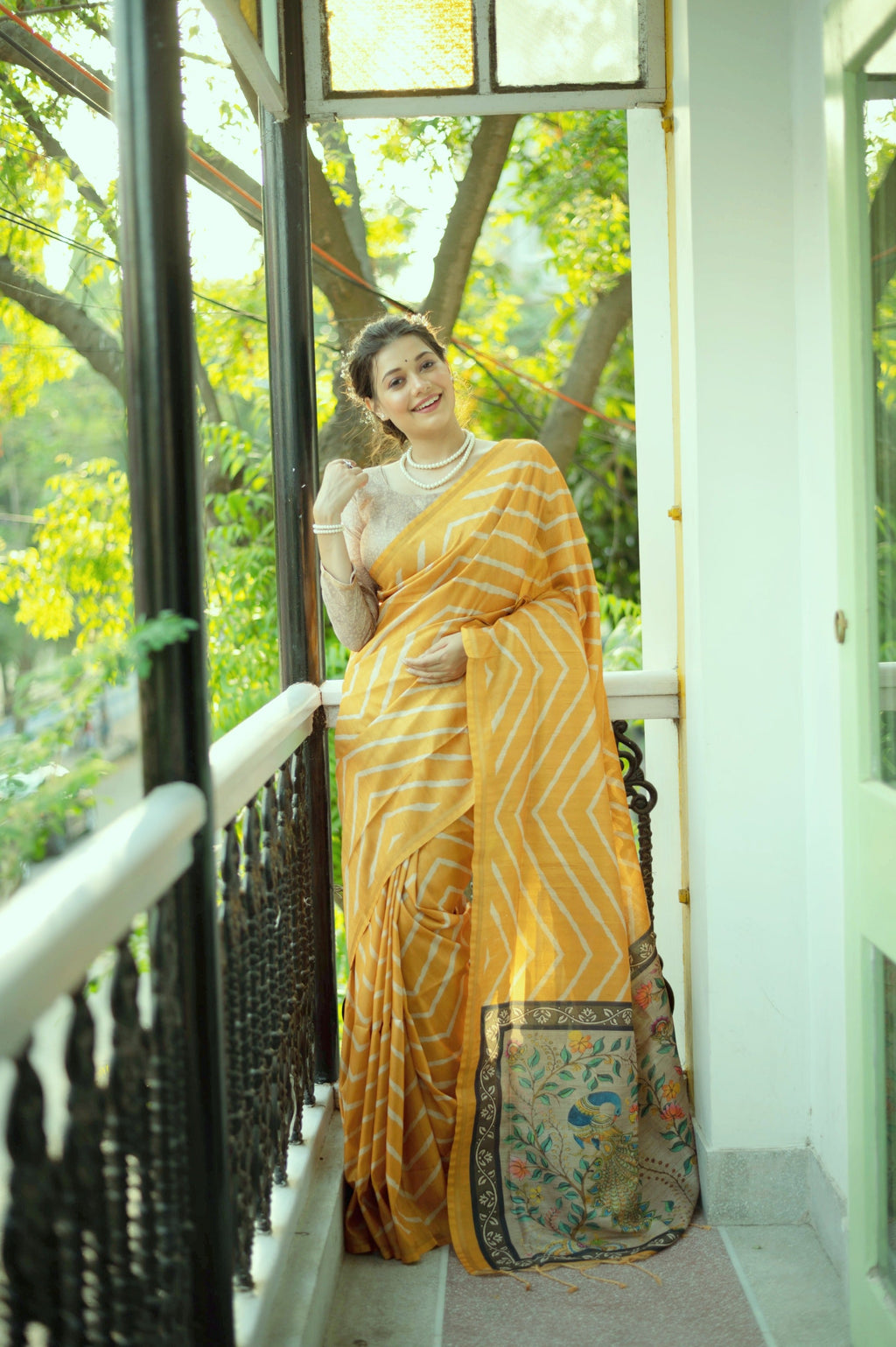 Jyoti Fashion Women's Yellow Tussar Silk Leheriya Print with Zari Border Saree with Blouse | Grocsy