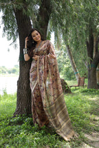 Jyoti Fashion Women's Coffee Soft Tussar Silk Printed and Zari Woven Saree with Blouse | Grocsy