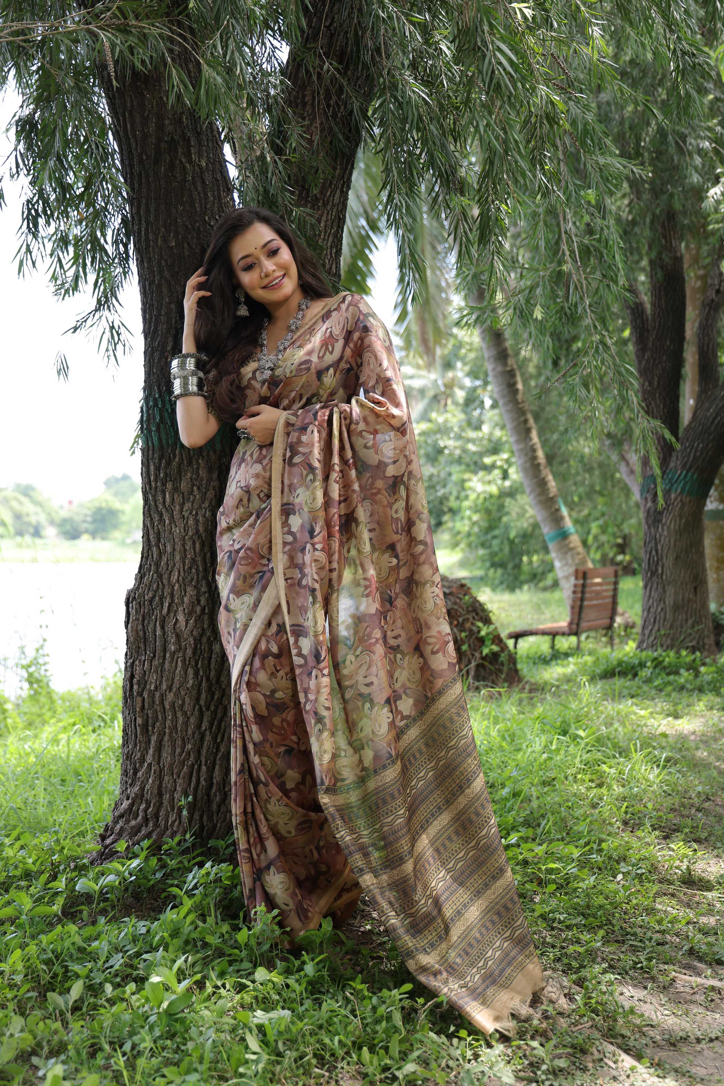 Jyoti Fashion Women's Coffee Soft Tussar Silk Printed and Zari Woven Saree with Blouse | Grocsy