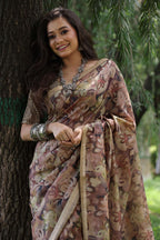 Jyoti Fashion Women's Coffee Soft Tussar Silk Printed and Zari Woven Saree with Blouse | Grocsy