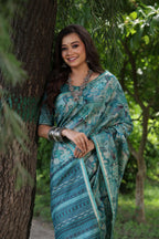 Jyoti Fashion Women's Sky Blue Soft Tussar Silk Printed and Zari Woven Saree with Blouse | Grocsy