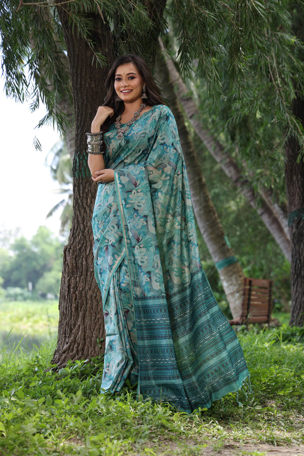 Jyoti Fashion Women's Sky Blue Soft Tussar Silk Printed and Zari Woven Saree with Blouse | Grocsy