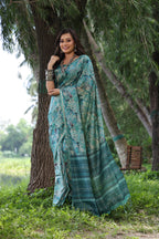 Jyoti Fashion Women's Sky Blue Soft Tussar Silk Printed and Zari Woven Saree with Blouse | Grocsy