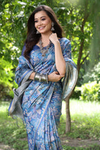 Jyoti Fashion Women's Blue Soft Tussar Silk Printed and Zari Woven Saree with Blouse | Grocsy