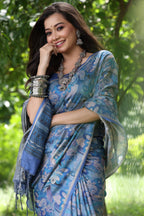 Jyoti Fashion Women's Blue Soft Tussar Silk Printed and Zari Woven Saree with Blouse | Grocsy