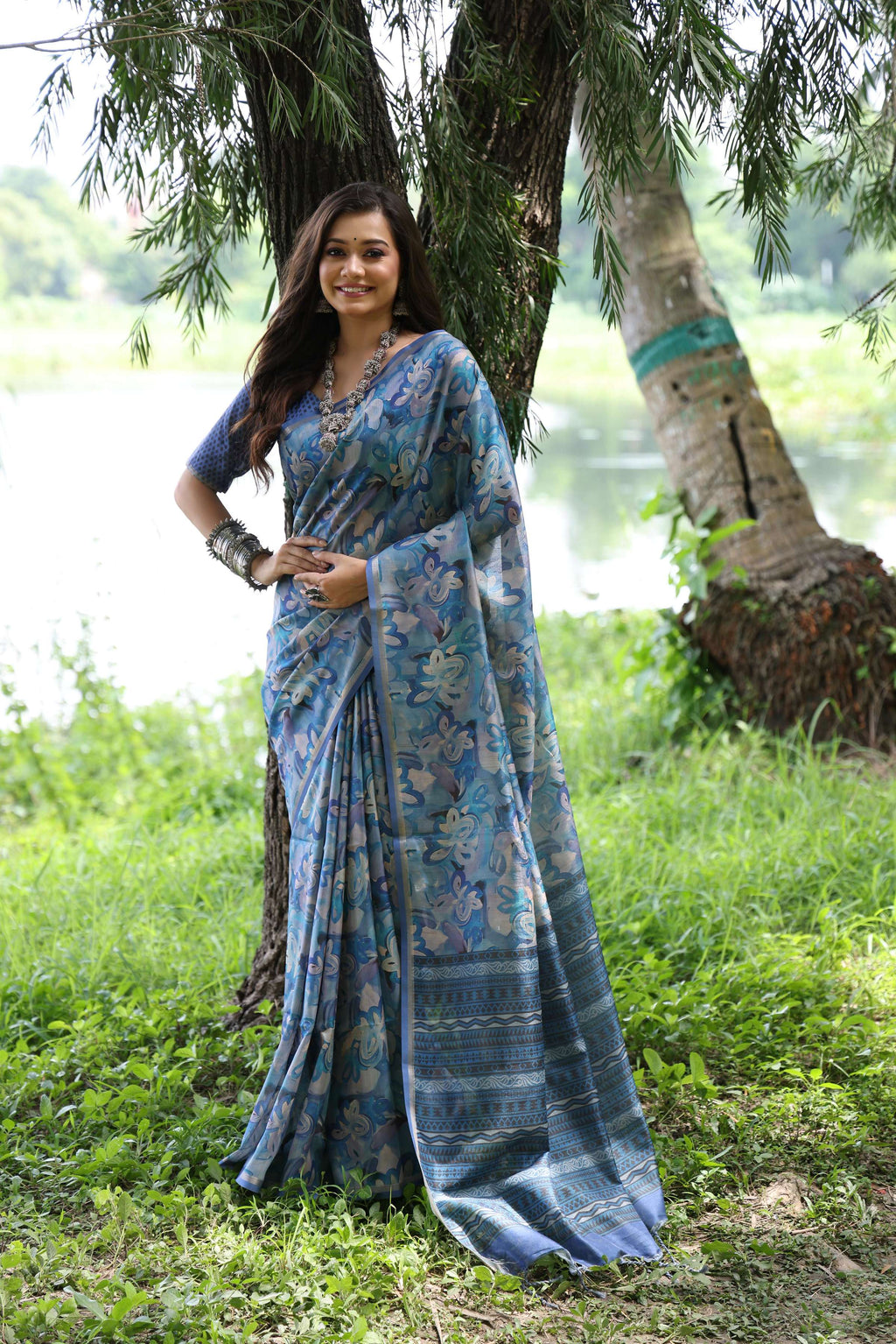 Jyoti Fashion Women's Blue Soft Tussar Silk Printed and Zari Woven Saree with Blouse | Grocsy