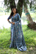 Jyoti Fashion Women's Blue Soft Tussar Silk Printed and Zari Woven Saree with Blouse | Grocsy