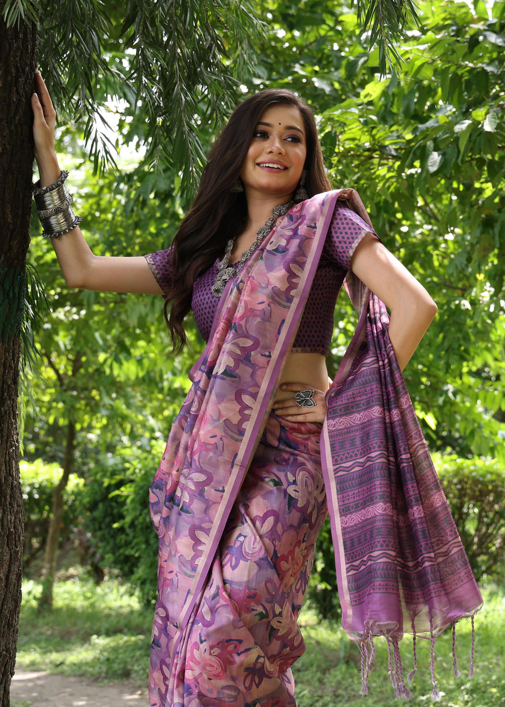 Jyoti Fashion Women's Purple Soft Tussar Silk Printed and Zari Woven Saree with Blouse | Grocsy