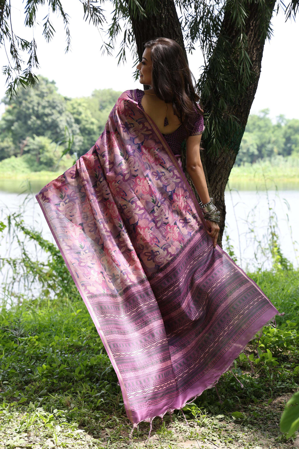 Jyoti Fashion Women's Purple Soft Tussar Silk Printed and Zari Woven Saree with Blouse | Grocsy