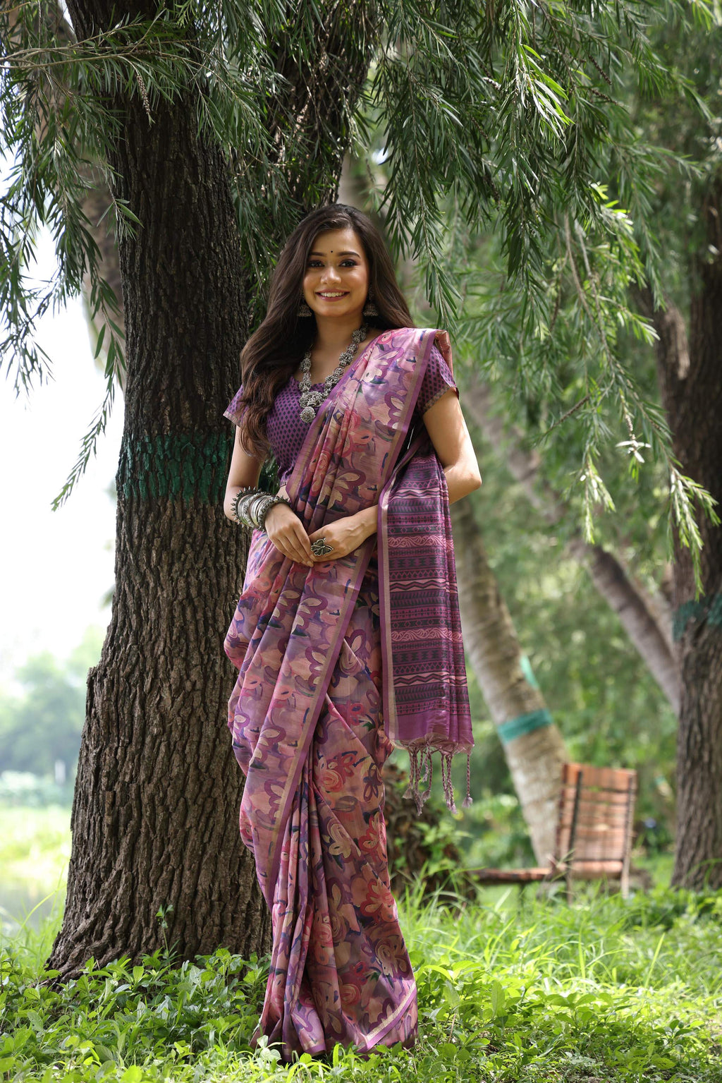Jyoti Fashion Women's Purple Soft Tussar Silk Printed and Zari Woven Saree with Blouse | Grocsy