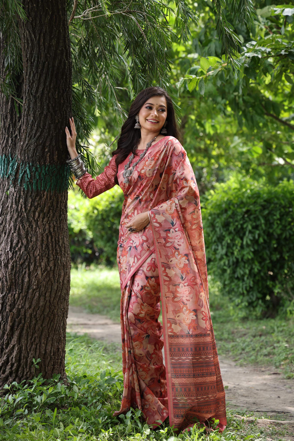 Jyoti Fashion Women's Maroon Soft Tussar Silk Printed and Zari Woven Saree with Blouse | Grocsy
