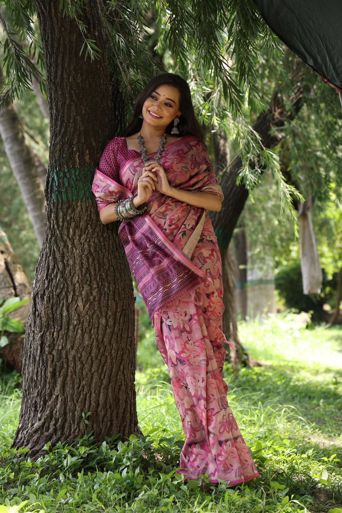 Jyoti Fashion Women's Wine Soft Tussar Silk Printed and Zari Woven Saree with Blouse | Grocsy