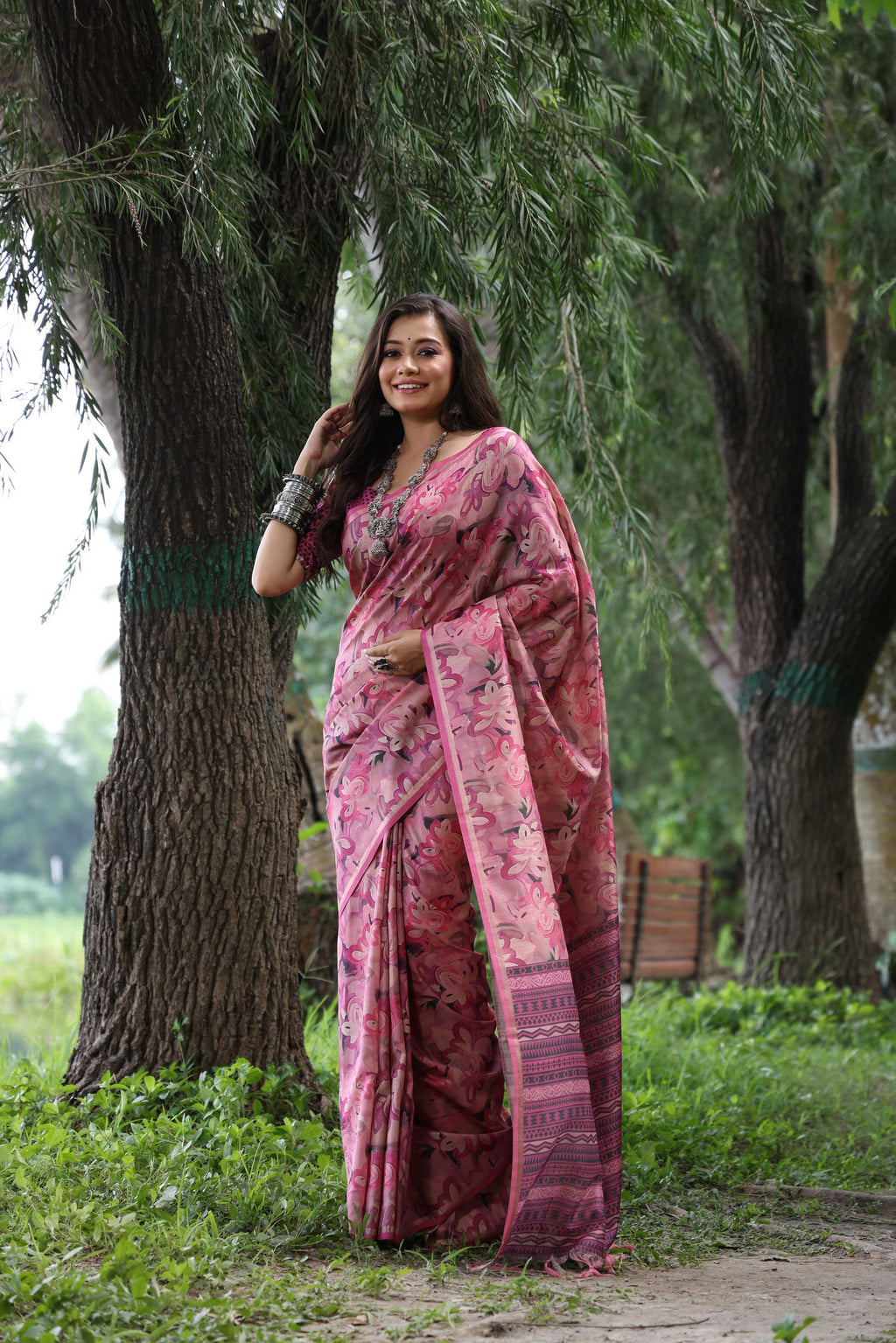 Jyoti Fashion Women's Wine Soft Tussar Silk Printed and Zari Woven Saree with Blouse | Grocsy