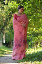 Jyoti Fashion Women's Pink Soft Muga Cotton Floral Weaving Traditional Saree with Blouse | Grocsy