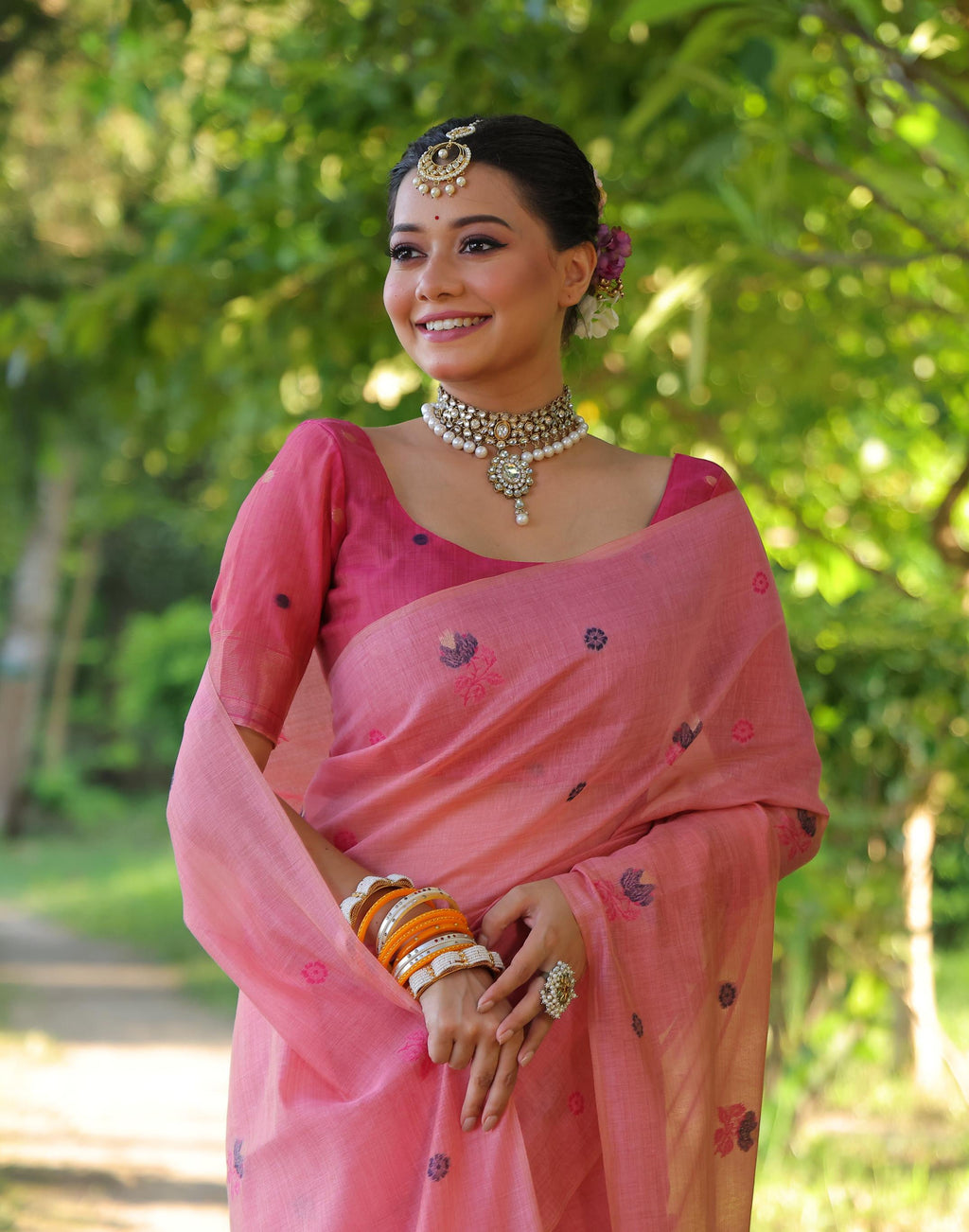 Jyoti Fashion Women's Pink Soft Muga Cotton Floral Weaving Traditional Saree with Blouse | Grocsy