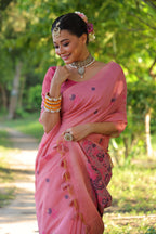 Jyoti Fashion Women's Pink Soft Muga Cotton Floral Weaving Traditional Saree with Blouse | Grocsy