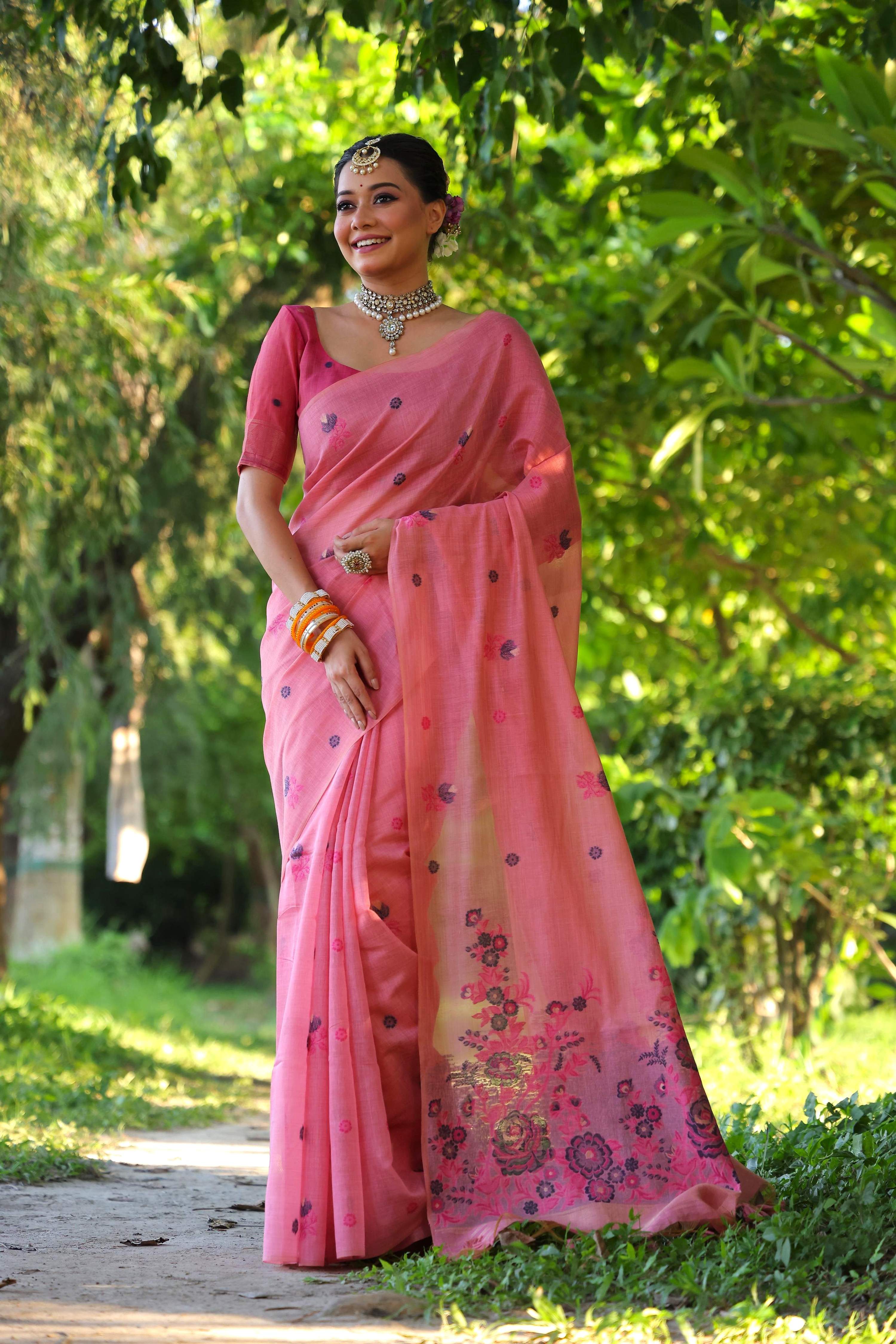 Jyoti Fashion Women's Pink Soft Muga Cotton Floral Weaving Traditional Saree with Blouse | Grocsy
