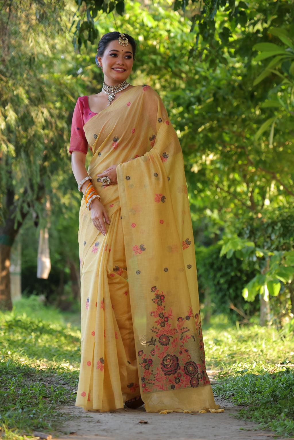 Jyoti Fashion Women's Mustard Soft Muga Cotton Floral Weaving Traditional Saree with Blouse | Grocsy