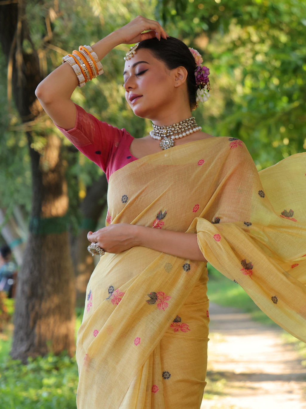Jyoti Fashion Women's Mustard Soft Muga Cotton Floral Weaving Traditional Saree with Blouse | Grocsy