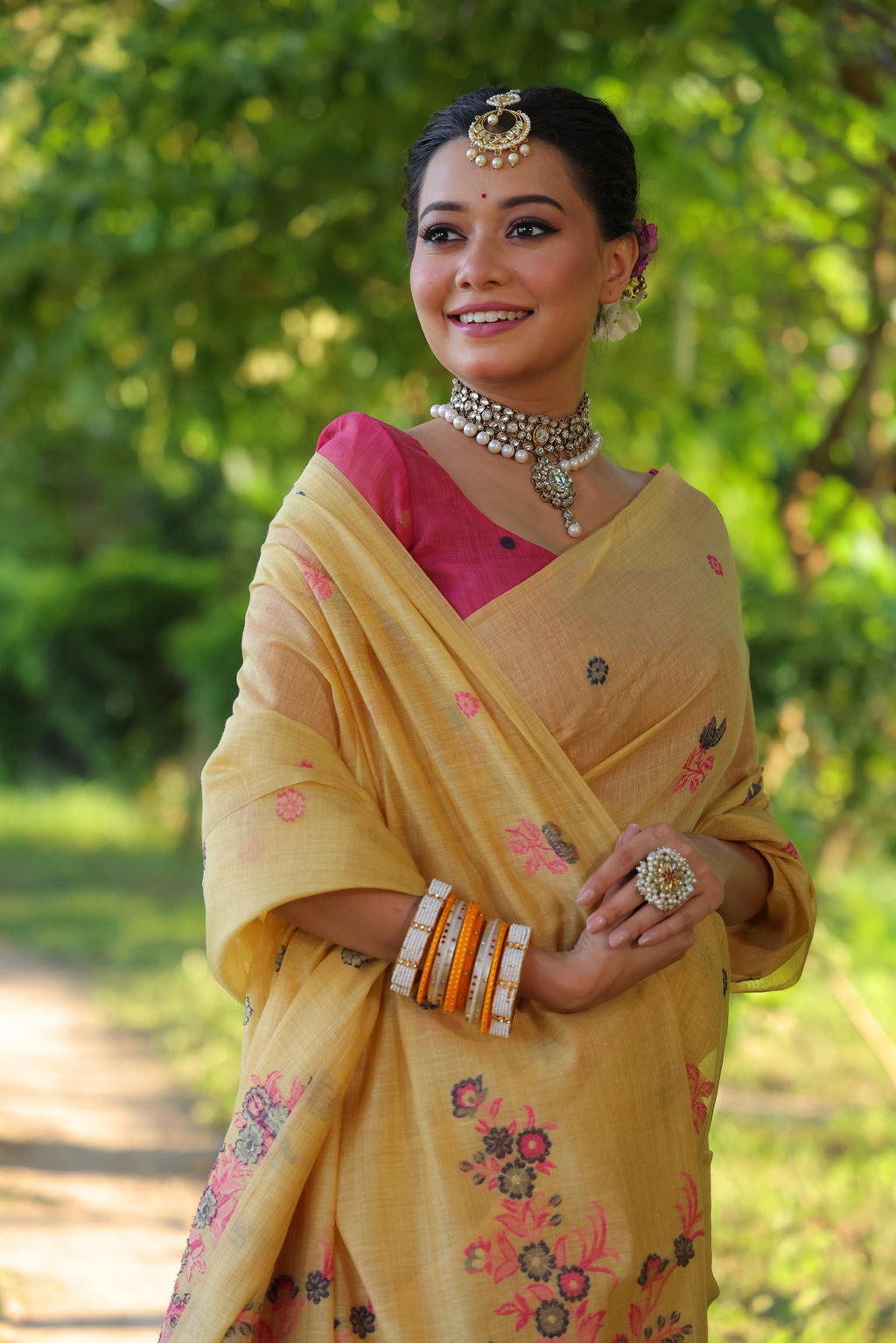 Jyoti Fashion Women's Mustard Soft Muga Cotton Floral Weaving Traditional Saree with Blouse | Grocsy