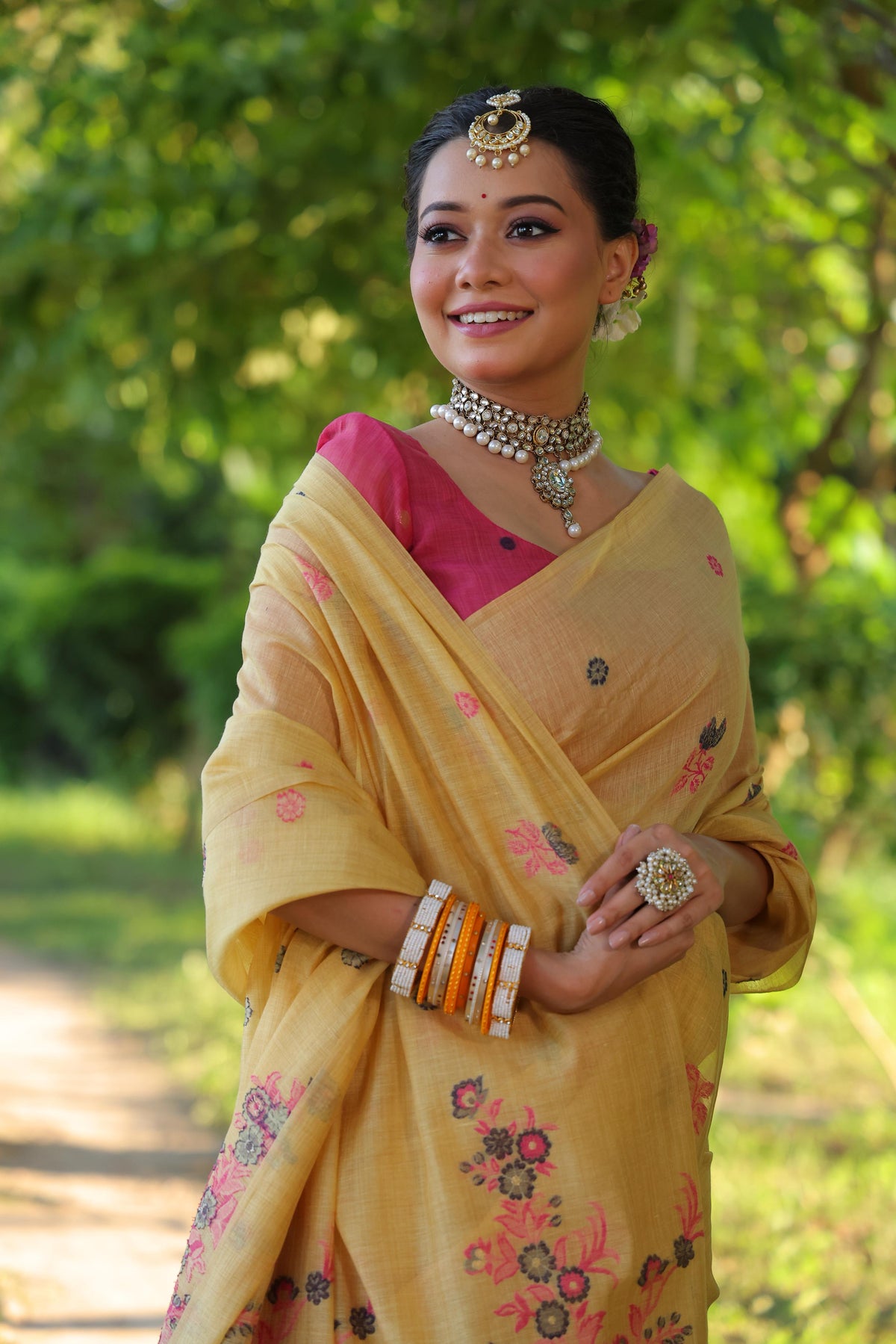 Jyoti Fashion Women's Mustard Soft Muga Cotton Floral Weaving Traditional Saree with Blouse | Grocsy