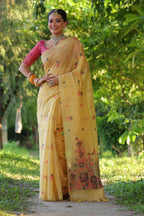 Jyoti Fashion Women's Mustard Soft Muga Cotton Floral Weaving Traditional Saree with Blouse | Grocsy