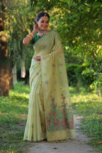 Jyoti Fashion Women's Sea Green Soft Muga Cotton Floral Weaving Traditional Saree with Blouse | Grocsy