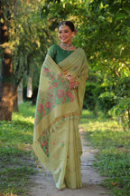 Jyoti Fashion Women's Sea Green Soft Muga Cotton Floral Weaving Traditional Saree with Blouse | Grocsy