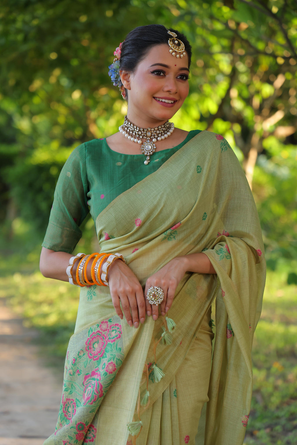 Jyoti Fashion Women's Sea Green Soft Muga Cotton Floral Weaving Traditional Saree with Blouse | Grocsy