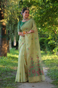 Jyoti Fashion Women's Sea Green Soft Muga Cotton Floral Weaving Traditional Saree with Blouse | Grocsy