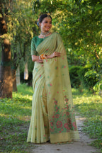 Jyoti Fashion Women's Sea Green Soft Muga Cotton Floral Weaving Traditional Saree with Blouse | Grocsy