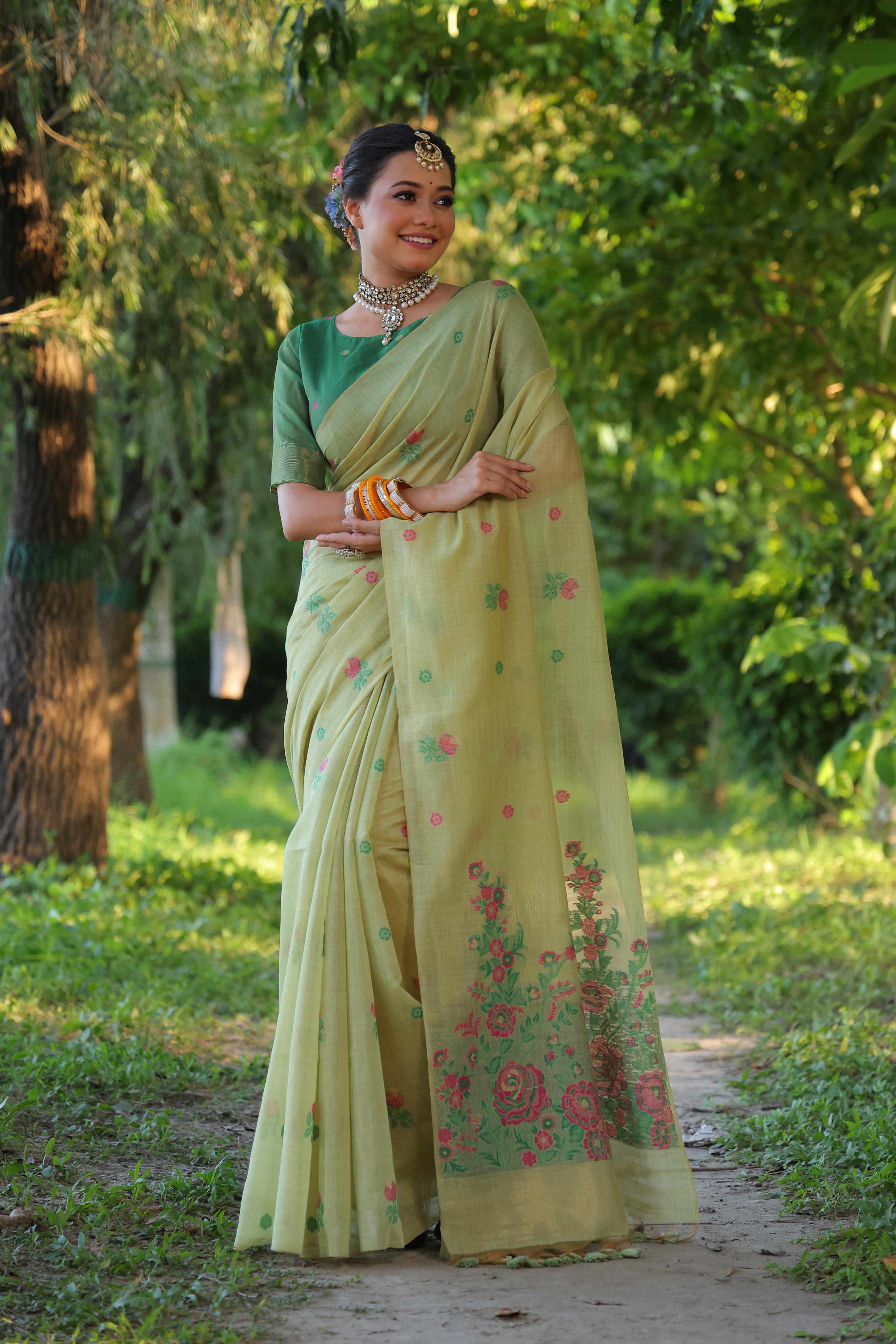 Jyoti Fashion Women's Sea Green Soft Muga Cotton Floral Weaving Traditional Saree with Blouse | Grocsy