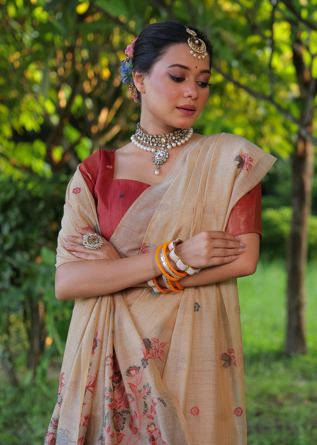 Jyoti Fashion Women's Beige Soft Muga Cotton Floral Weaving Traditional Saree with Blouse | Grocsy